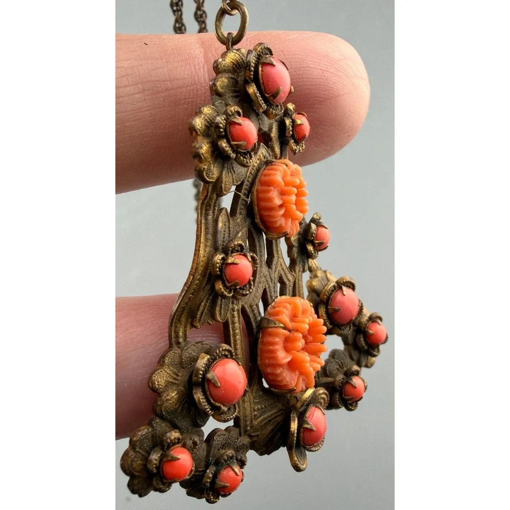 Vintage Czech Style Necklace Brass Filigree Pendant Orange Beads Carved Flowers